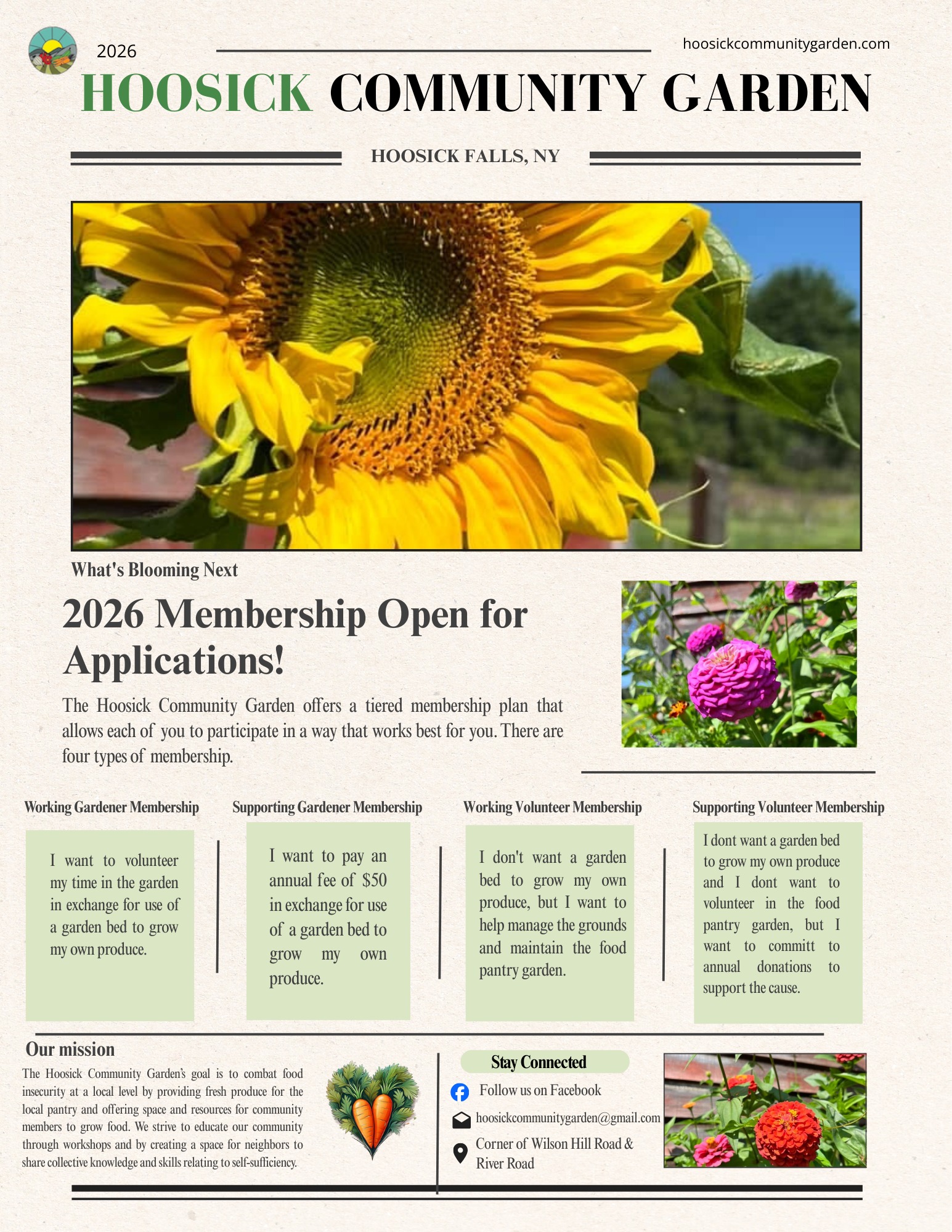 The Hoosick Community Garden 2026 membership newsletter featuring sunflowers and garden plots