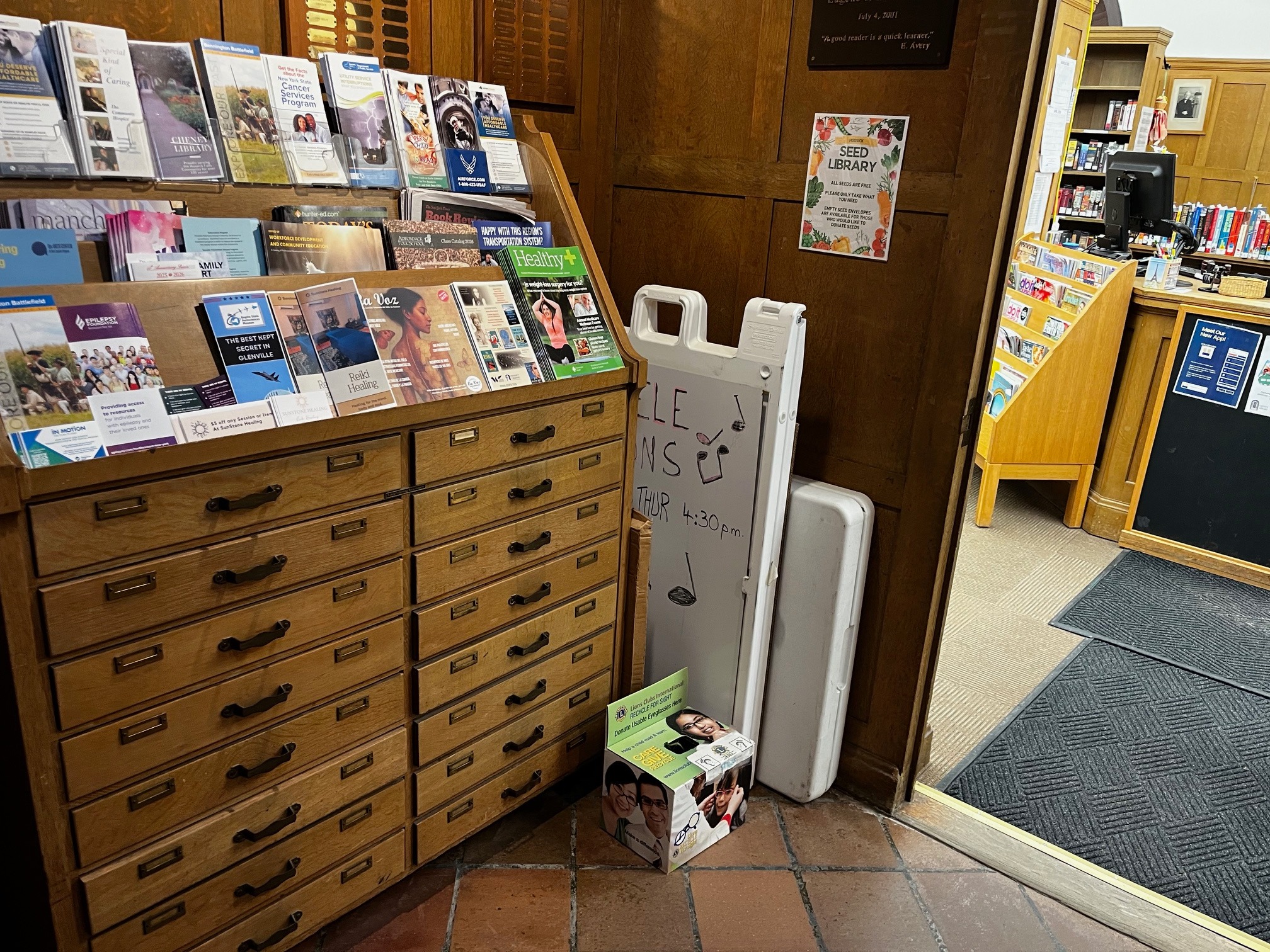 The Hoosick Seed Library located at the local library, with rows of seed catalog drawers filled with free seed packets for the community