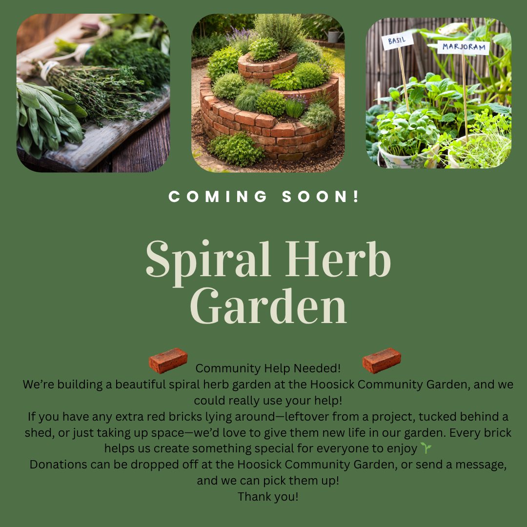 Announcement for the spiral herb garden coming to the Hoosick Community Garden